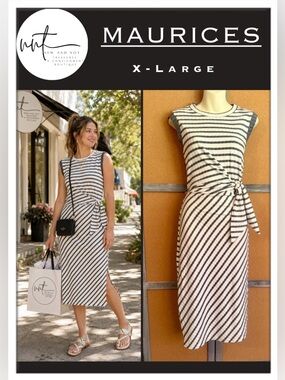 Maurices XL Ribbed Knit Side Tie Midi Dress Ivory Gray Striped Stretch Casual